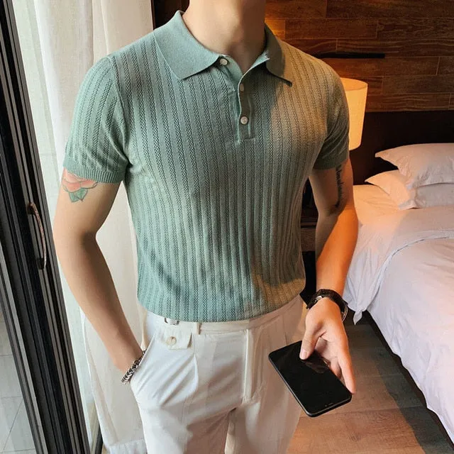 Slim Lapel Knitted Solid Color Polo Shirt