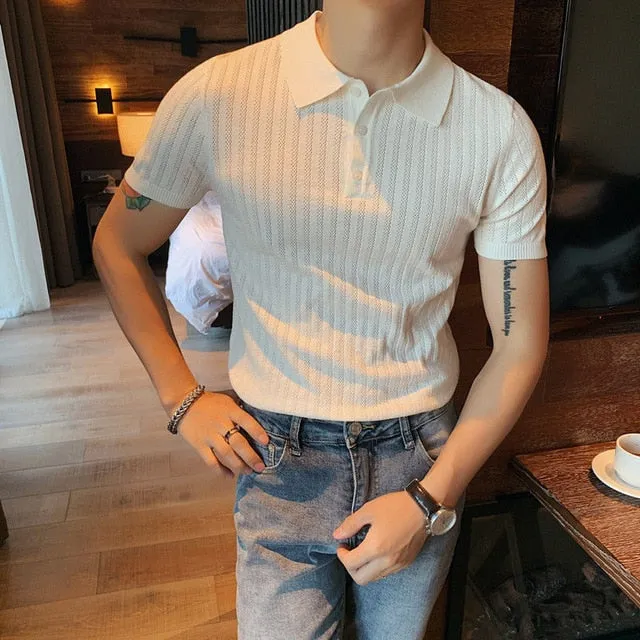 Slim Lapel Knitted Solid Color Polo Shirt