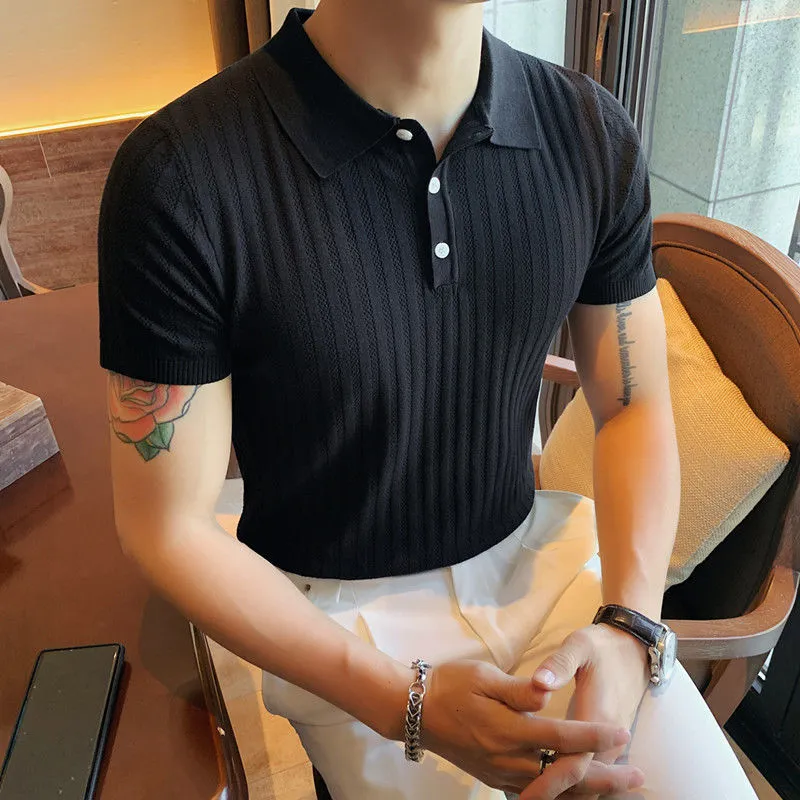 Slim Lapel Knitted Solid Color Polo Shirt