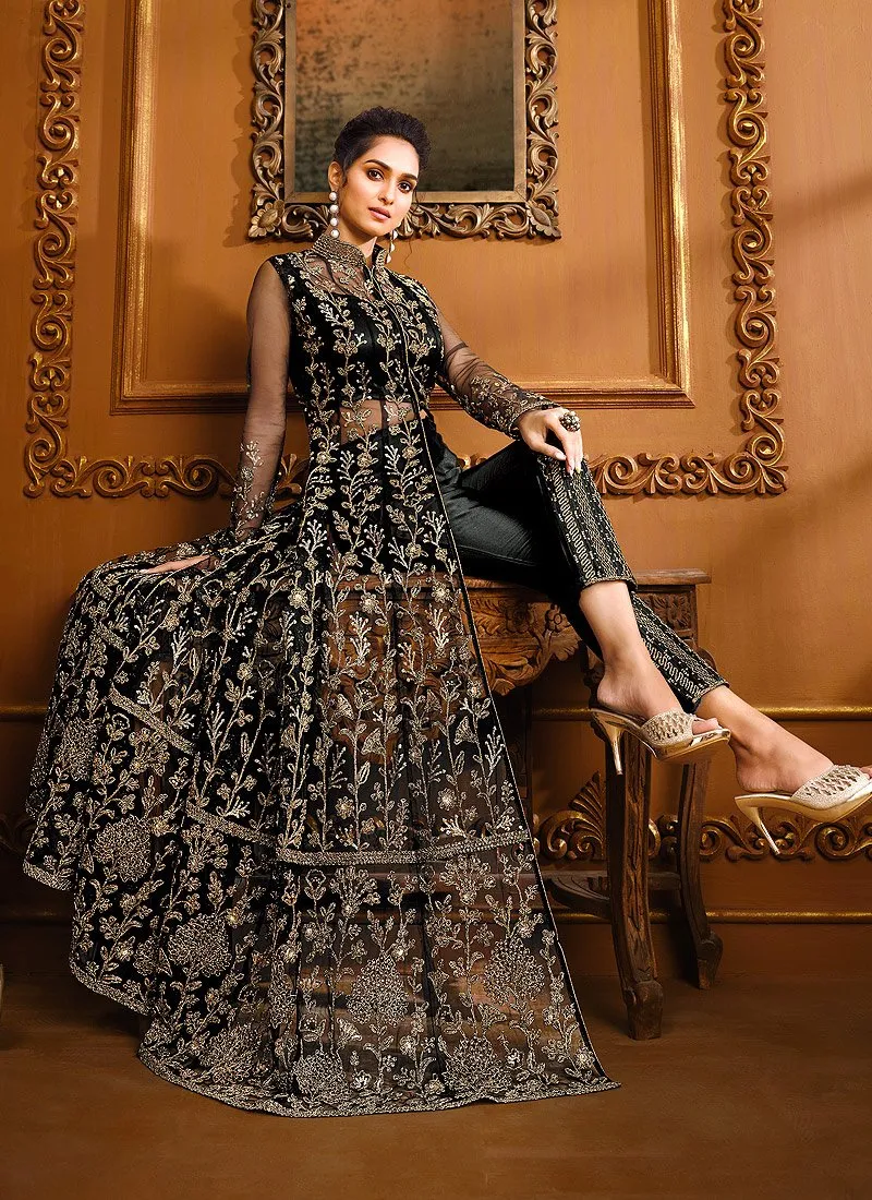 Slit Style Bold Black Net Embellished Anarkali Pant/Lehenga Suit