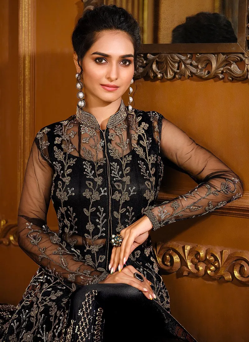 Slit Style Bold Black Net Embellished Anarkali Pant/Lehenga Suit