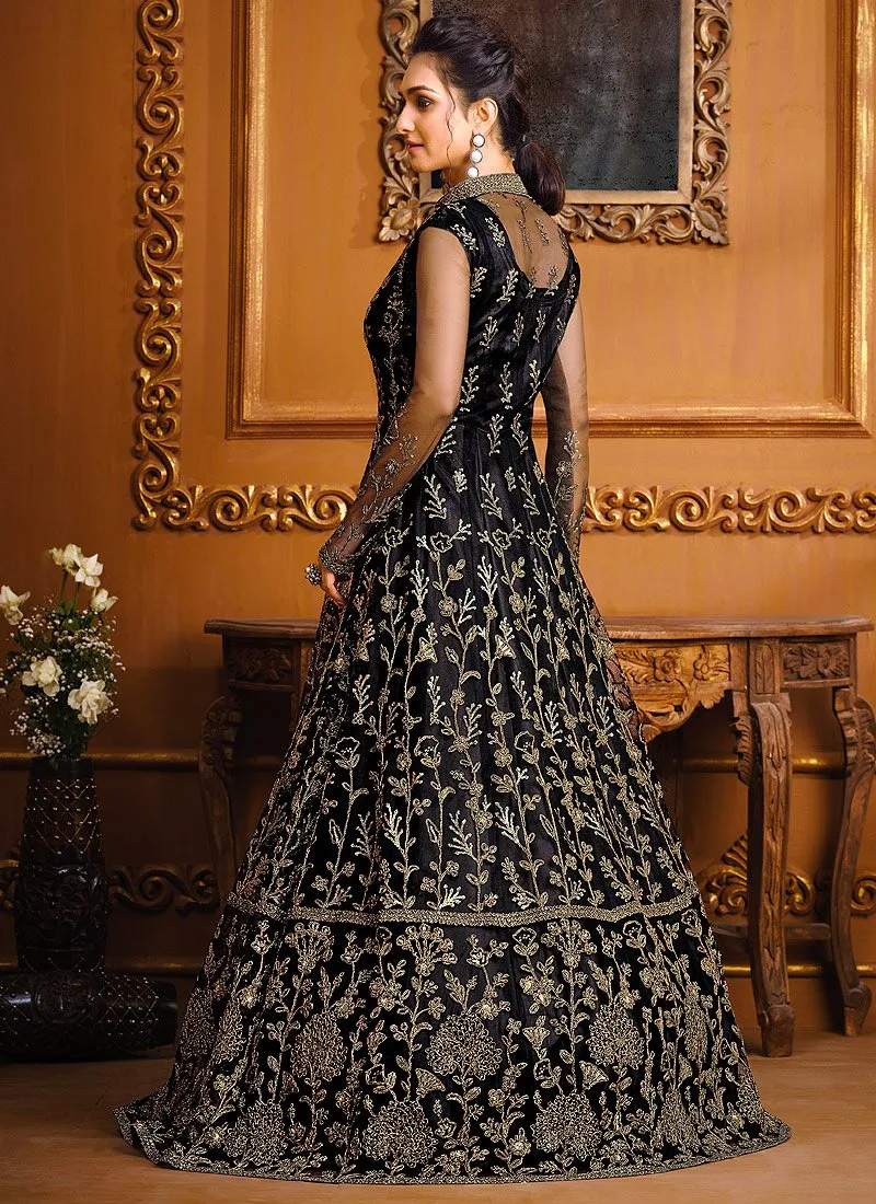 Slit Style Bold Black Net Embellished Anarkali Pant/Lehenga Suit