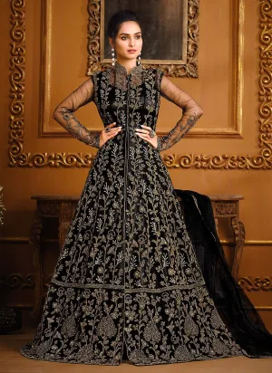 Slit Style Bold Black Net Embellished Anarkali Pant/Lehenga Suit