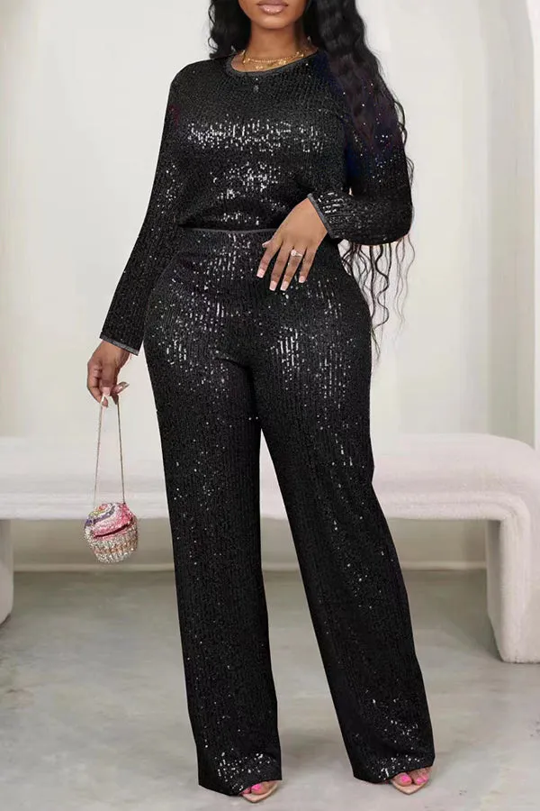 Sparkly Sequin Round Neck Top & Pants Set