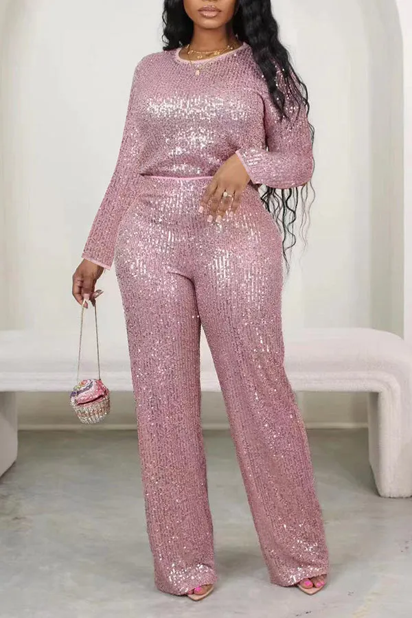 Sparkly Sequin Round Neck Top & Pants Set