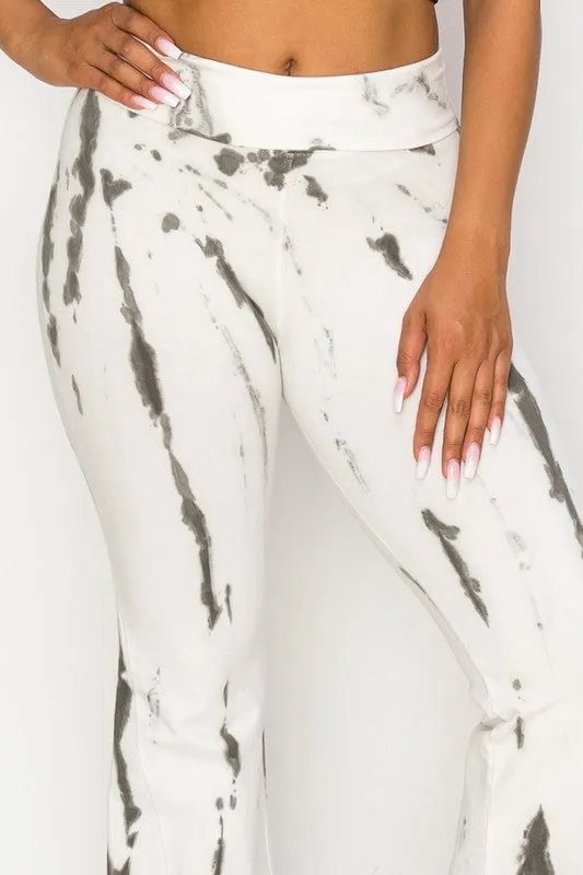 T-Party Foldover Yoga Tie Dye Flare Pants - Grey/Ivory