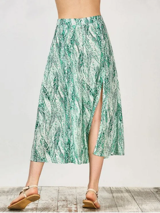 TastyHottie - Trendy Leaf Print Slit Chiffon Midi Skirt