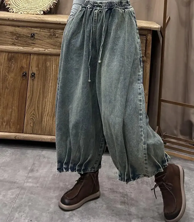 TEEK - Ethnic Elastic Waist Loose Denim Wide Leg Pants