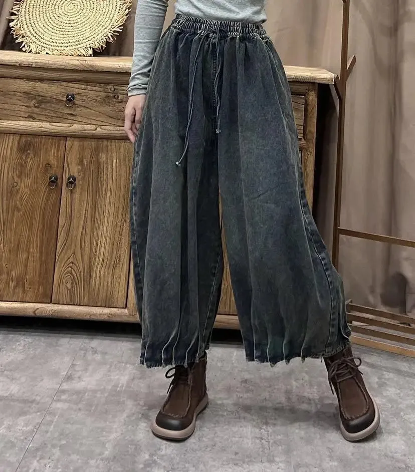 TEEK - Ethnic Elastic Waist Loose Denim Wide Leg Pants