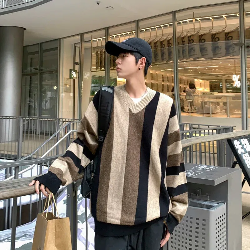 WIAOFELLAS  -  Autumn Men's Striped Men Knitted Sweaters Pullovers Harajuku Streetwear Tate V-neck Sweater Knitwear Striped Sweater A88