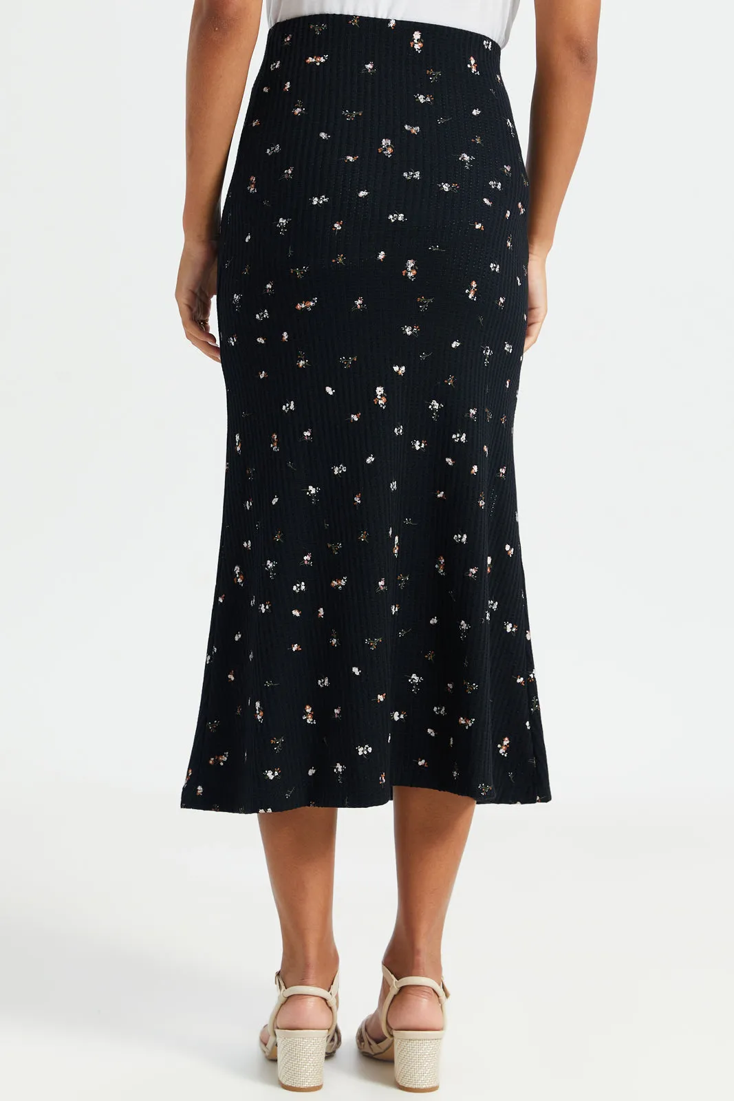 Women Black Printed Rib Skirt