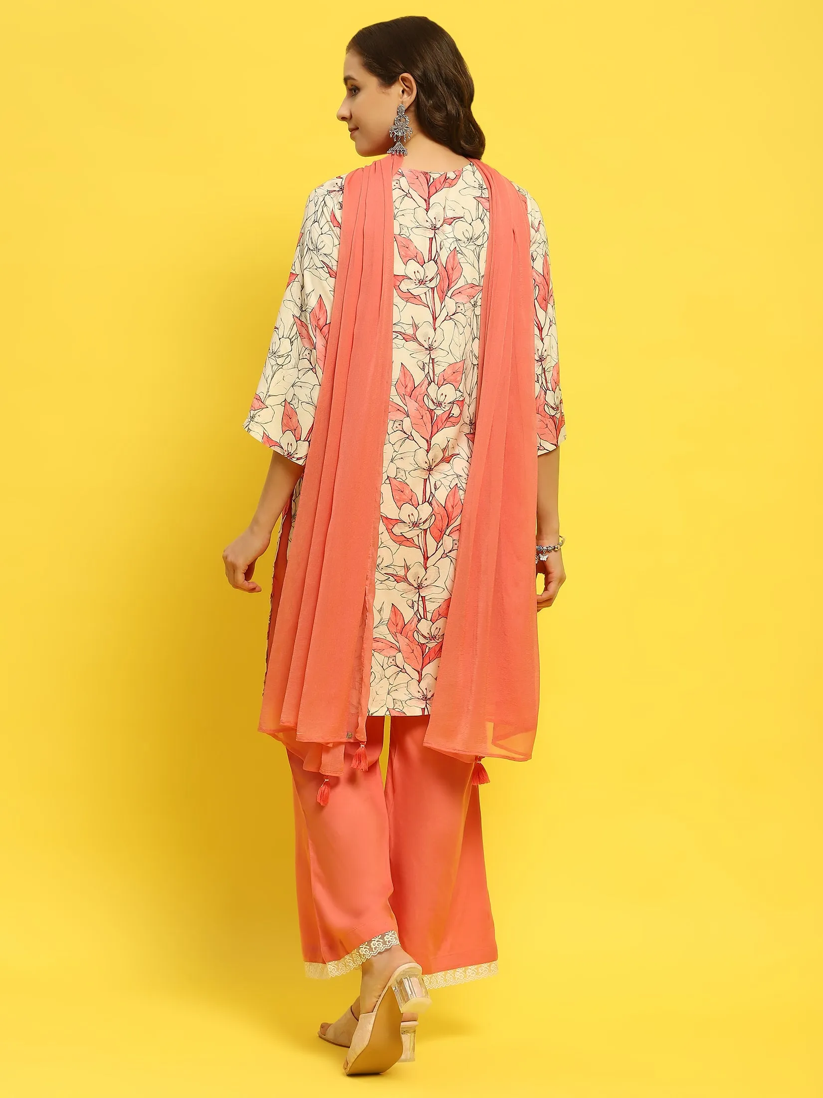 Women Liva Rayon Peach Floral Print Kurta Wide Leg Pant Dupatta