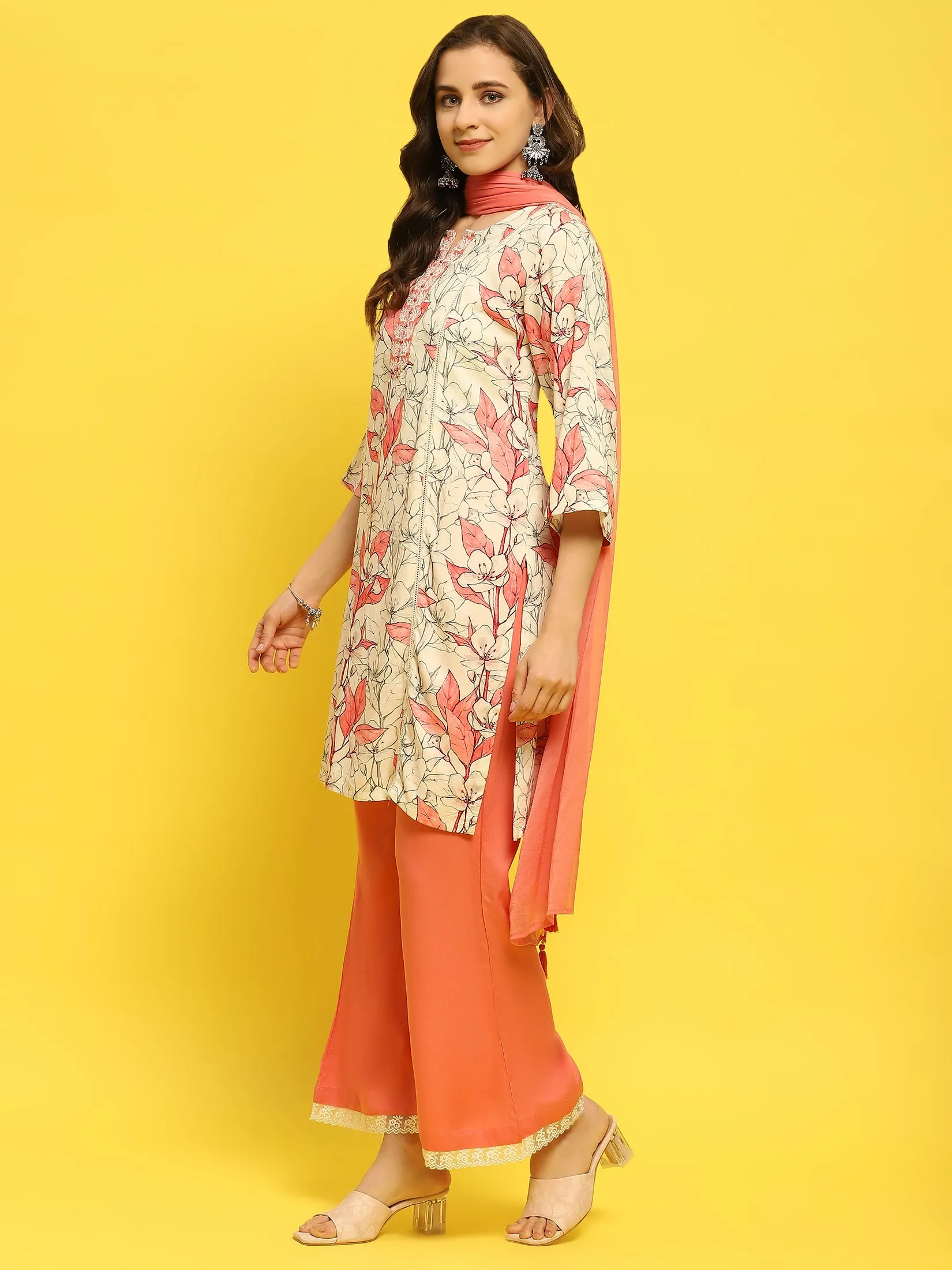 Women Liva Rayon Peach Floral Print Kurta Wide Leg Pant Dupatta