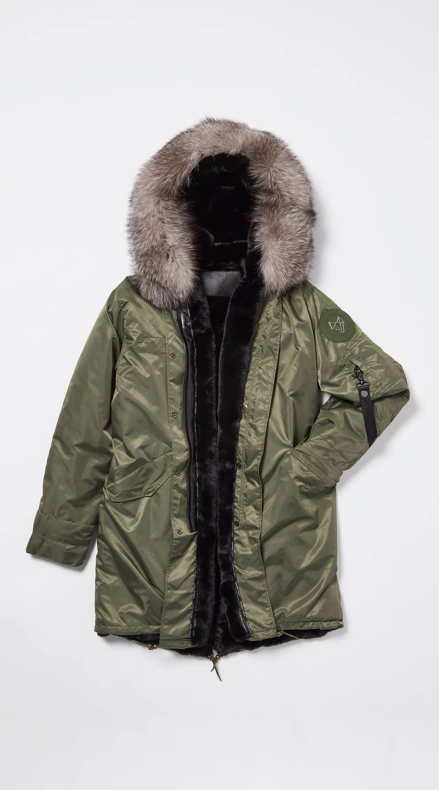 Womens Khaki Water-Repellent Luxy Fur Parka - 3/4 Silver Frost Fox