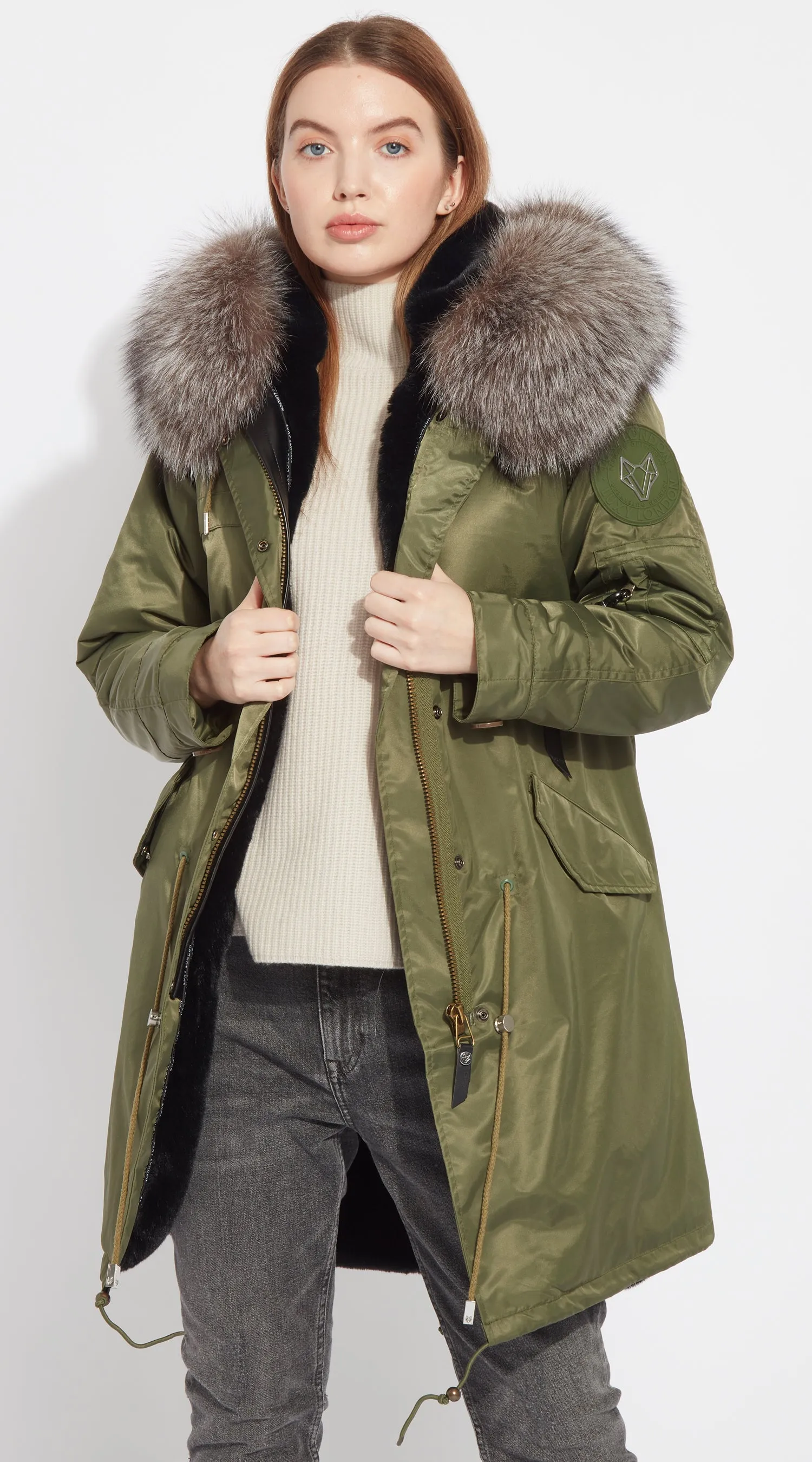 Womens Khaki Water-Repellent Luxy Fur Parka - 3/4 Silver Frost Fox