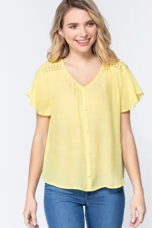 Women's Short Ruffle Slv V-neck Woven Top