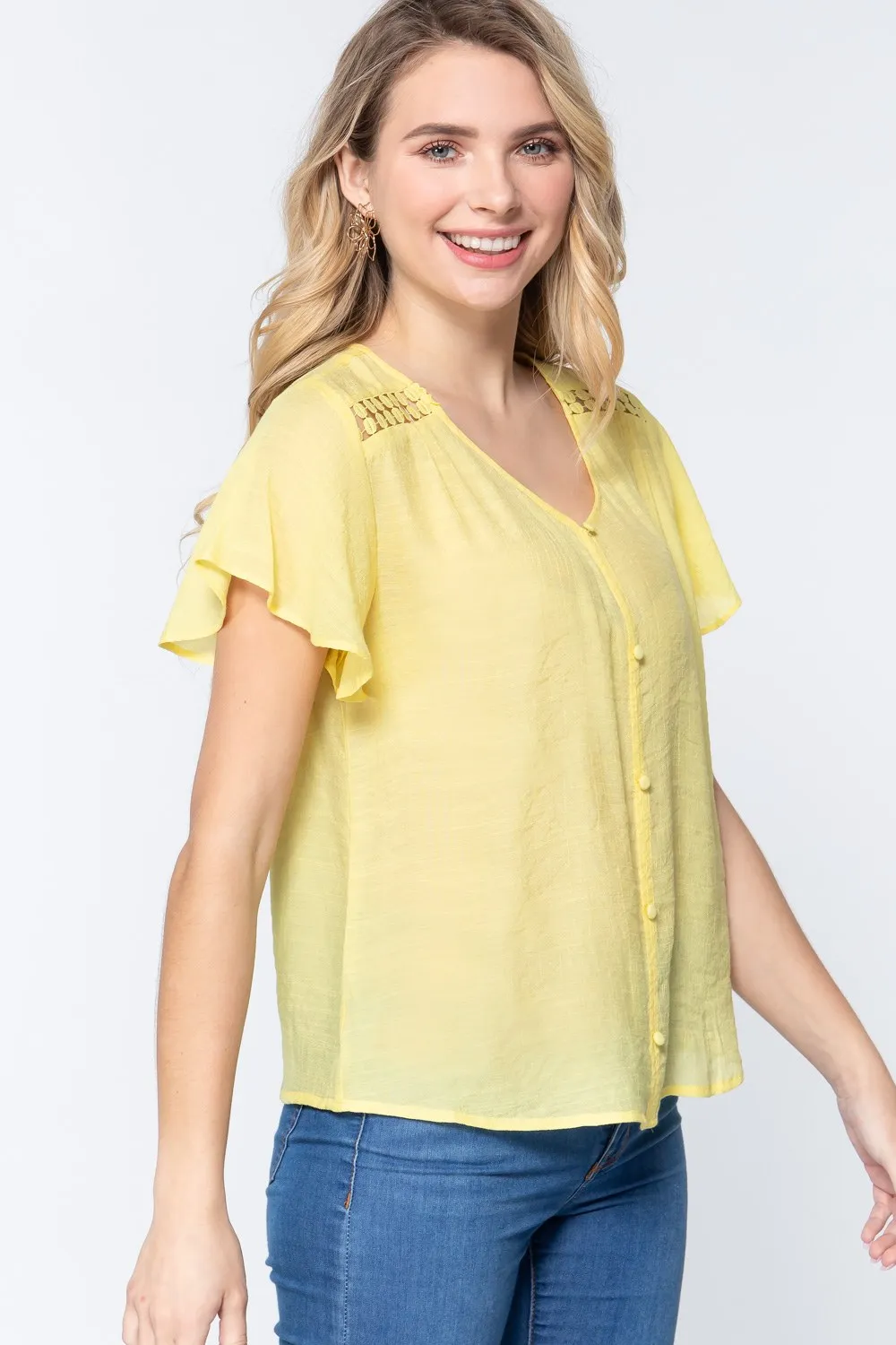 Women's Short Ruffle Slv V-neck Woven Top