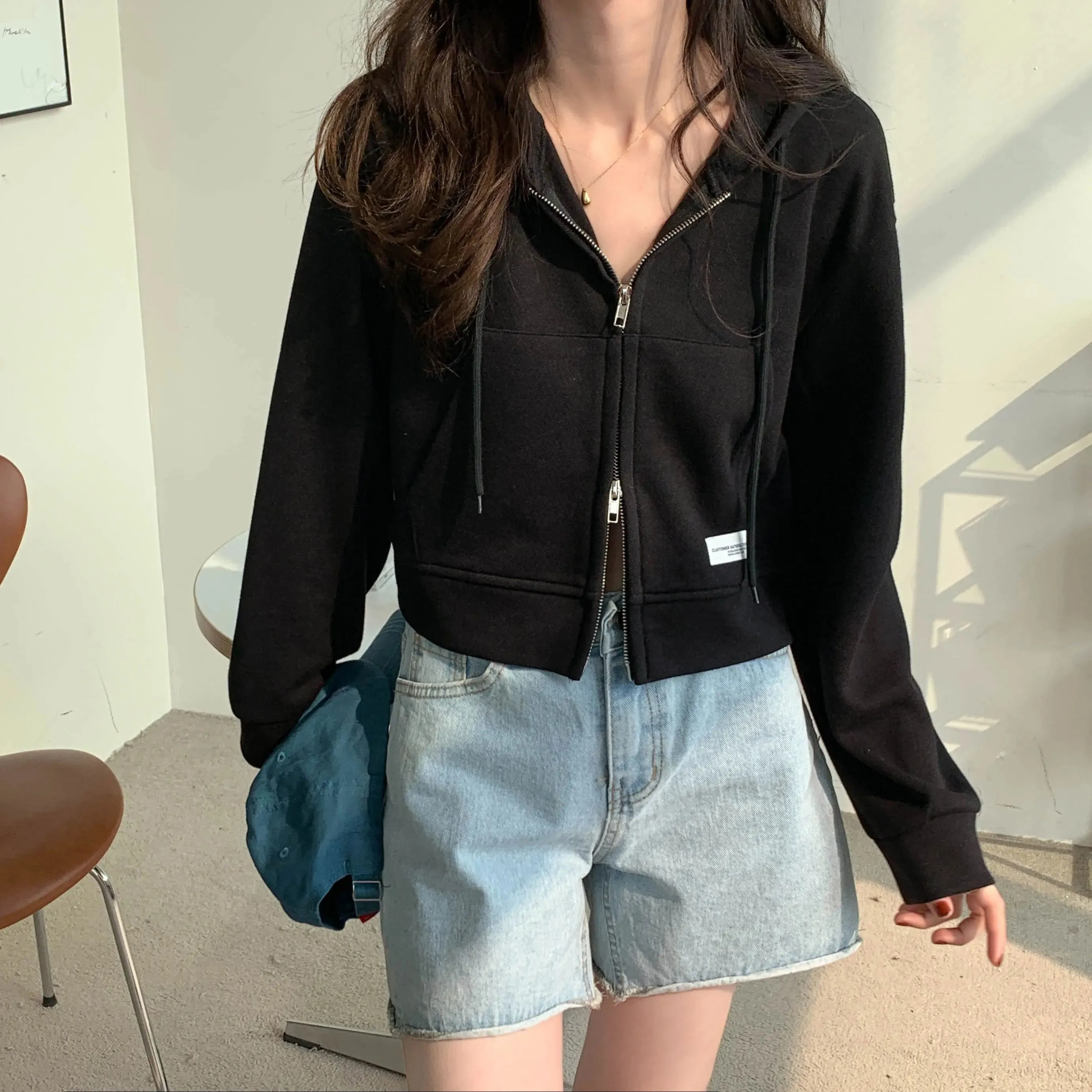 Zip-up Ins Loose Pure Color Female Hoodies Autumn Korean Style Simple Office Lady Pink Grey Apricot Black Women Hoodies