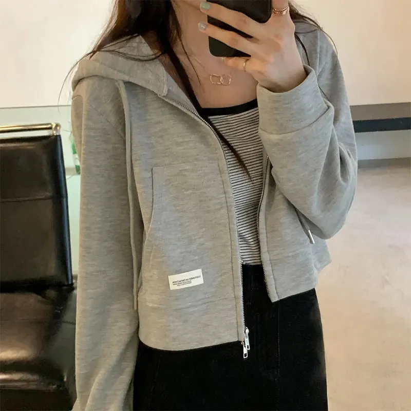 Zip-up Ins Loose Pure Color Female Hoodies Autumn Korean Style Simple Office Lady Pink Grey Apricot Black Women Hoodies