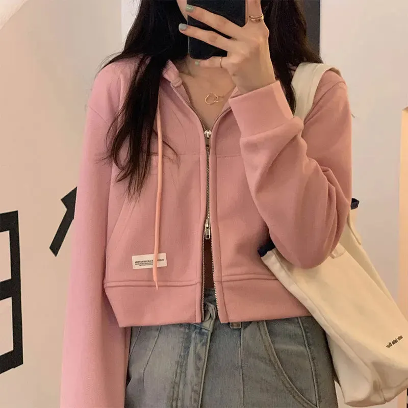 Zip-up Ins Loose Pure Color Female Hoodies Autumn Korean Style Simple Office Lady Pink Grey Apricot Black Women Hoodies